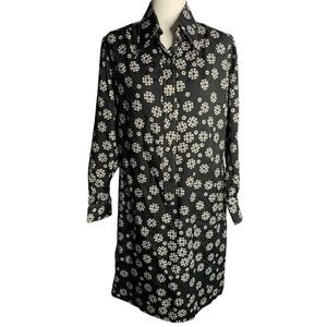 Vintage 70s Long Sleeve Shift Dress M Black Geometric Button Up Point Collar